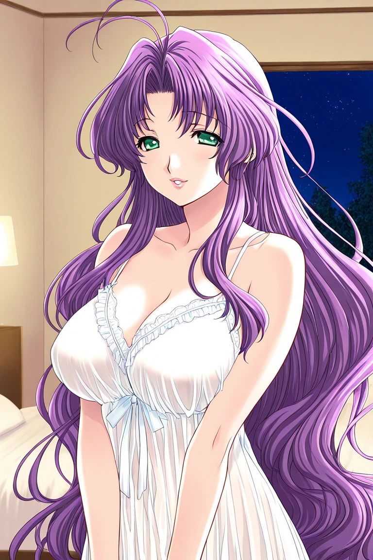 (hyper extreme detailed),(masterpeace),(hyper extreme),(photorealistic),CG,(colour:1.2), beautiful lighting,light from the front, solo,smlie, aoi_sakurako,paple hair,long hair,ribbon,green eyes,