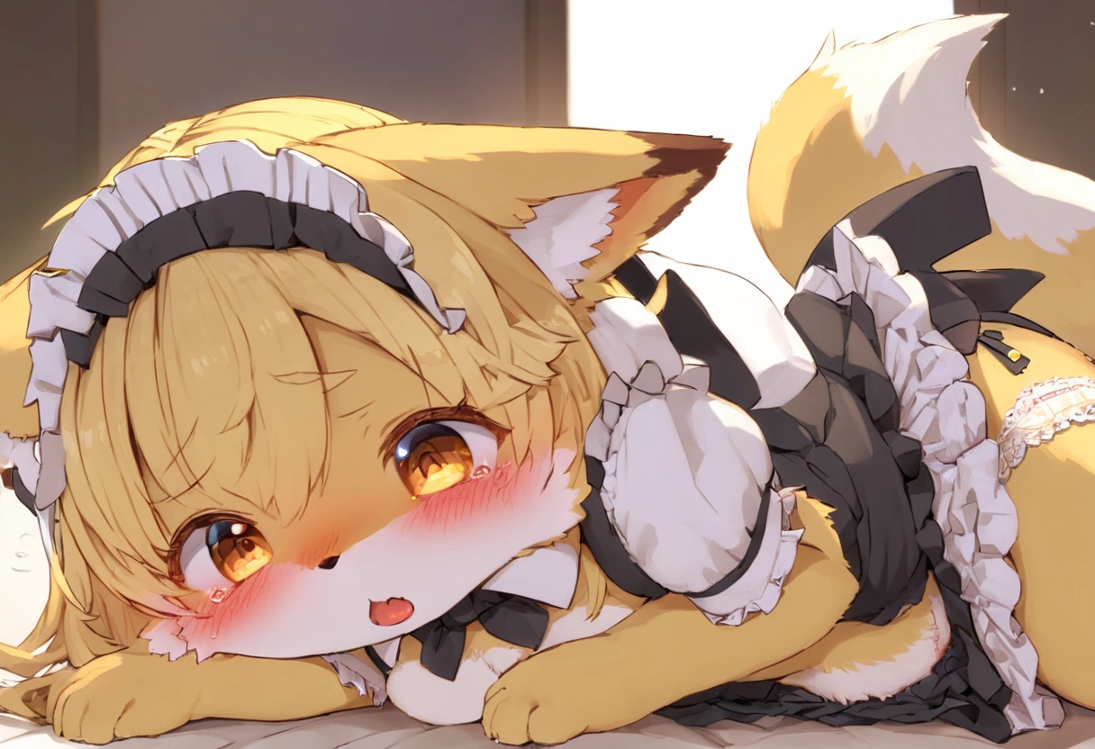 A male Wolf hybrid cat with Orange fur with blue colour eyes, wear maid clothes and he begging to stop with tail being hold tight and pull by hand, body trembling and Satisfied with small cock are have fuck in public