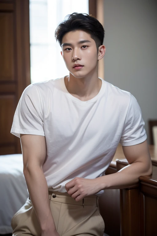 ((best quality)), ((masterpiece)), (detailed), 30 years old beautiful korean man, looking at camera, front of black background, wearing blue jeans, black tshirt short hair
