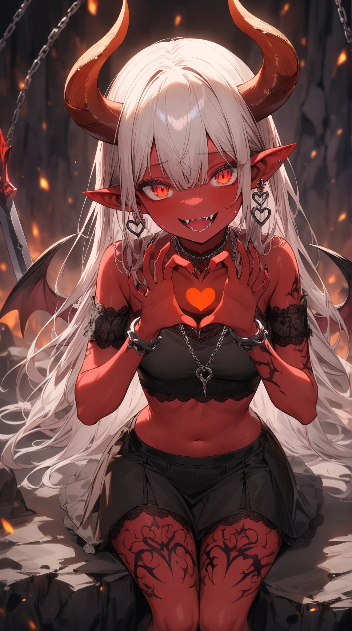 humanoid demon, Light brown skin, glowing red eyes, sharped teeth, malicious smile, heart and ruby earring, sharp and black nails, long white hair down to the ankles, ankle-length hair, wing-shaped bone, black horns with crimson tips, pointy ear, crimson areola behind the head. White Victorian shirt with sleeve adorned in roses, chic black high waist leather pants, heart and point earring, shirt with opening on the chest and closed at the collar, turtleneck with crimson choker, exposed chest, strong slender body. Light and mischievous smile, Reaching forward. Close-up, low angle. Crimson angel areola behind the head, environment is a dark room, with bed and lamp. Sitting invitingly on the bed