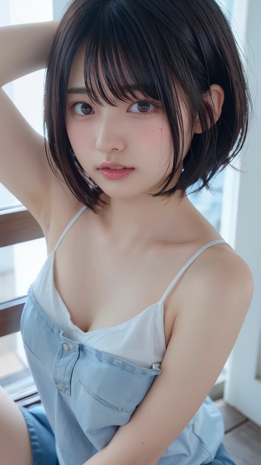( bob cut hair :1.2),( camisole:1.heer:1.4), 1 girl, Japanese ,21 years old,( small breasts:1.3),( top quality,masterpiece:1.3, super A high resolution,),( ultra detail , caustics ),( photorealistic:1.4,RAW shooting,) super realistic capture , very detailed, high resolution 16K close-up of human skin 。 Natural Skin Texture、,pores、 small 、 must be detailed enough to be easily identified。 skin must be uniform and healthy 。 Uses natural light and colors, shy expression , staring at the camera , perfect dynamic composition, flat chest、mole、((Under both armpits:1.2))、blush、sweat、発sweat、流れるsweat、 sit on the floor、 headdress、 wet、