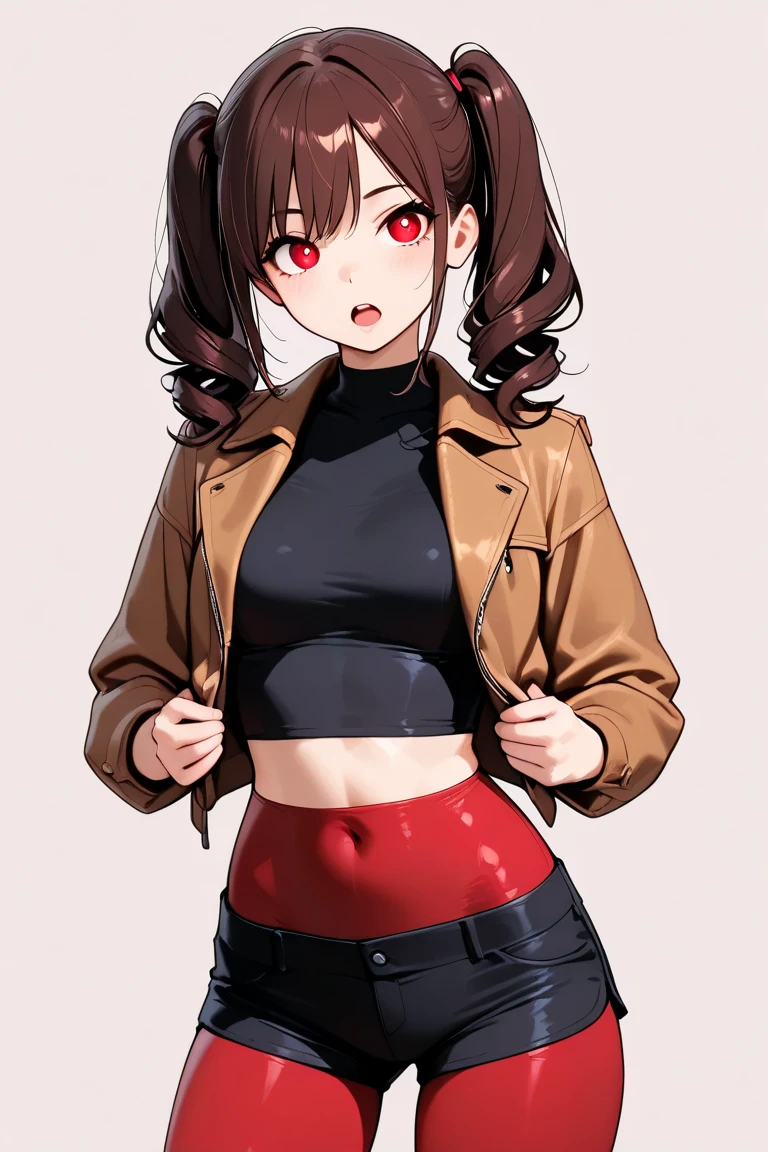 Young Neko, with cat ears , Lush brown hair with a short braid next to the face, one cat tail, yellow eyes, dressed in a black skirt, red shirt and black leather jacket on the sleeve, blush on the face..... Getting wet in heavy rain in St. Petersburg, Leningrad