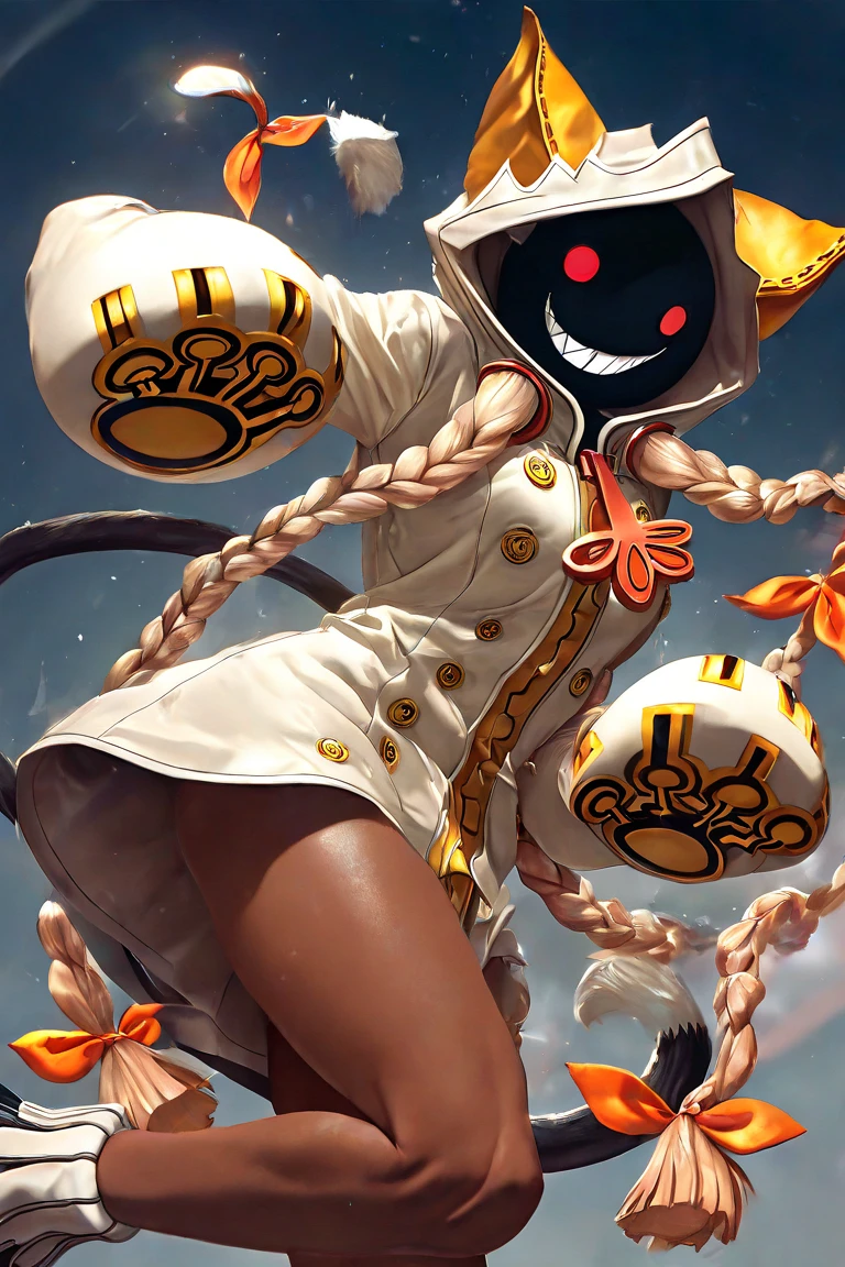 taokakams, hood, animal hood, cat hood, red eyes, hoodie, tail,cat tail, smile, grin, teeth, claws, thighs, dark skin, dark-skinned female, (masterpiece, best quality), huge breasts