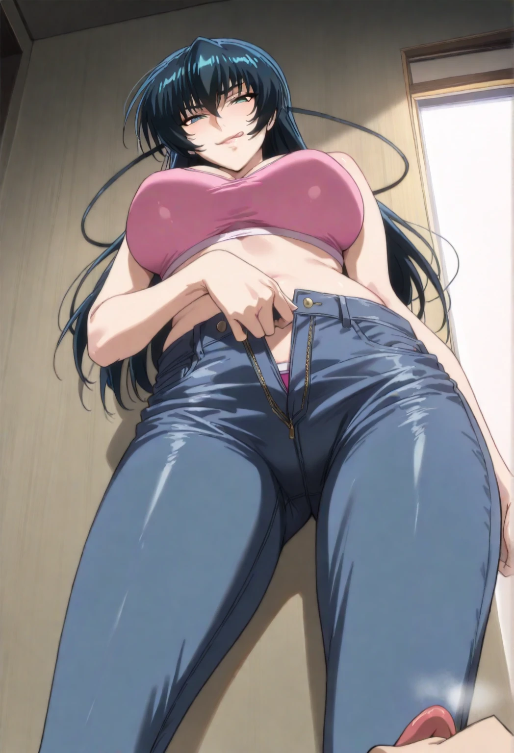 A woman with very long black hair, (very long hair:1.25) and (long bangs:1.5), wearing a stylish wool turtleneck sweater with jeans, long sleeves, (low-rise jeans:1.25), (low-cut jeans:1.25), standing. The artwork is inspired by manga and incorporates a doujin style. The woman appears to be (wetting herself:1.5), which causes her to feel embarrassed and humiliated, resulting in a blush on her face. In addition, there is an air of anger in her expression. The lighting in the scene is moody, with a spotlight highlighting the woman's figure, She has a very large pee stain that covers almost the entire front of her jeans., large breasts, skinny