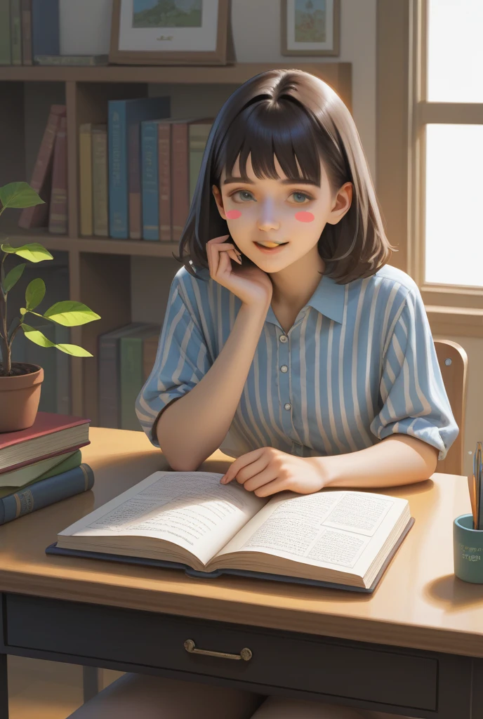 girl in the library reading by the window