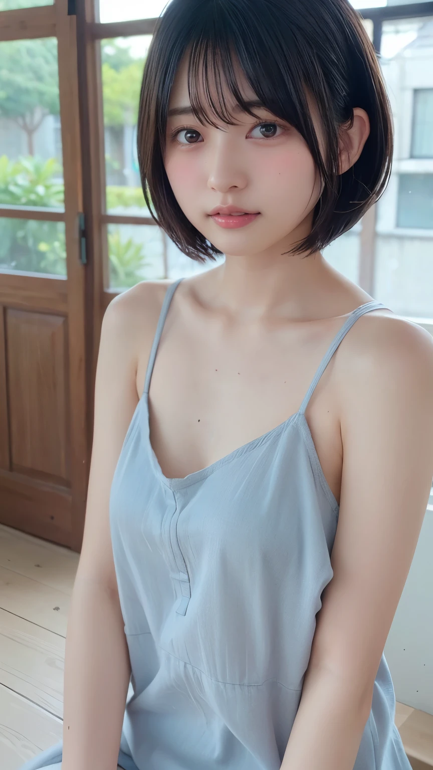 ( bob cut hair :1.2),( camisole:1.heer:1.4), 1 girl, Japanese ,21 years old,( small breasts:1.3),( top quality,masterpiece:1.3, super A high resolution,),( ultra detail , caustics ),( photorealistic:1.4,RAW shooting,) super realistic capture , very detailed, high resolution 16K close-up of human skin 。 Natural Skin Texture、,pores、 small 、 must be detailed enough to be easily identified。 skin must be uniform and healthy 。 Uses natural light and colors, shy expression , staring at the camera , perfect dynamic composition, flat chest、mole、((Under both armpits:1.2))、blush、sweat、発sweat、流れるsweat、 sit on the floor、 headdress、 wet、(topless)