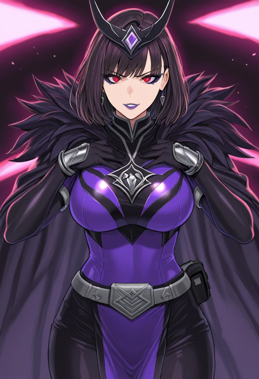 A beautiful woman, large breasts, black clothing, black clothing covering the body, tight clothing, long blue hair, a majestic black cape with a purple background, psychic powers, evil eyes.