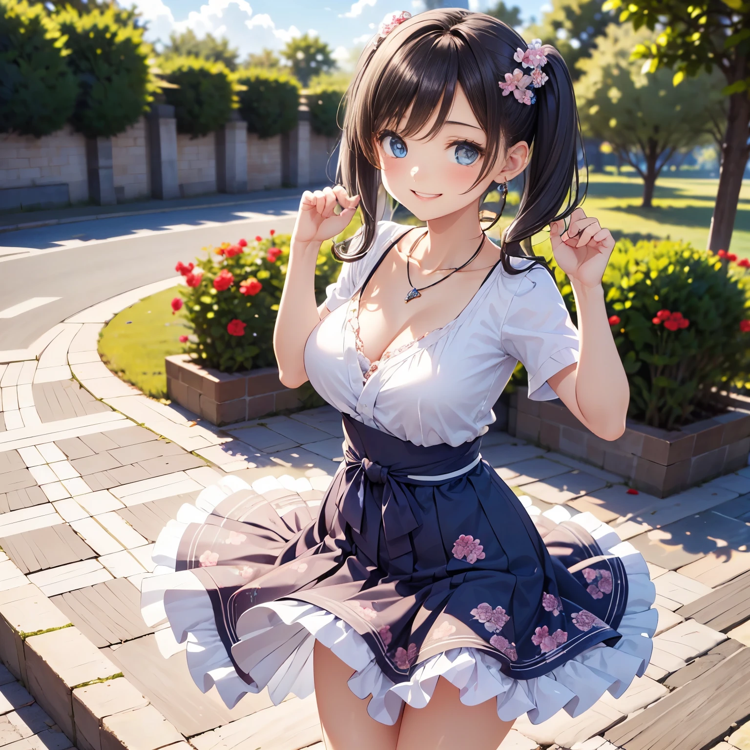 A girl in a garden,feeling the summer sunshine,with black hair,ponytail and wearing a miniskirt,standing with her legs apart,leaning forward,placing both hands on a hydrant. (best quality,4k,8k,highres,masterpiece:1.2),ultra-detailed,(realistic,photorealistic,photo-realistic:1.37),illustration,beautiful detailed eyes,beautiful detailed lips,extremely detailed eyes and face,long eyelashes, cheerful expression, vibrant colors,soft sunlight,Open-chested clothing