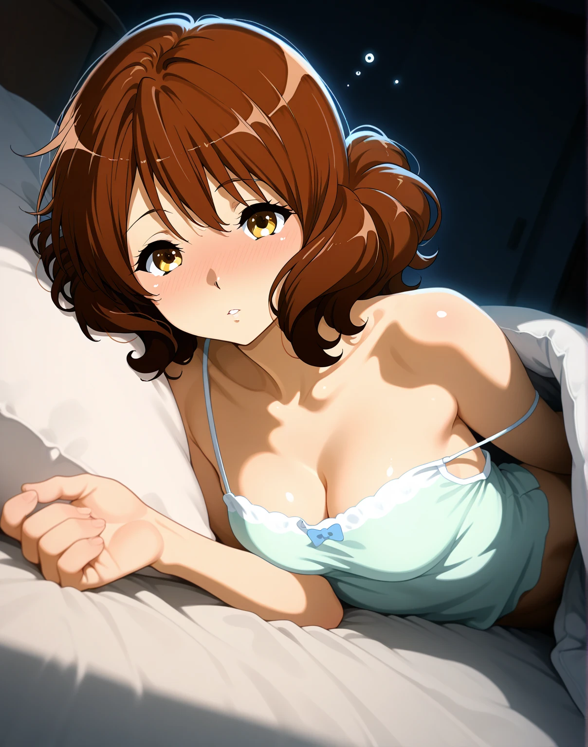 night,Getting changed in a hospital bed,Pink pajamas,Photoreal 1;4,shoulder length brown hair,{high quality bra}},Reverse Shot1;4, {{beautiful large/medium size breasts 1:4}}, torn shirt, high quality panties,{{schoolgirl}},top quality,cute girl,high quality background, slanted eyes, detailed shirt chest wrinkles,BREAK, {{beautiful blue eye1:4}}, BREAK, five fingers