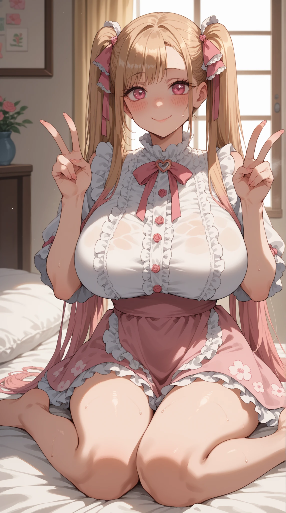 highest quality、High resolution、detailed background、beautiful and detailed face、beautiful and smooth skin、skin texture、Beautiful age girl、(huge breasts:1.3)、cute編込みポニーテール、
(pink floral embroidered panties、No bra、under squat down))、show me your pants、panty shot、
(highly exposed)、((virgin killer sweater:1.5)、white knee high socks、white overknee socks、Accessories such as flower hairpins and ribbons、cute、
perfect body line、Well-defined body、emphasize the chest、emphasize cleavage、legs open、He looked at me with a happy expression.、blush、underboob、panty shot、inserting a dildo into the vagina、camel toe