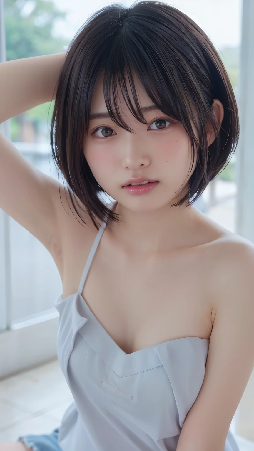 ( bob cut hair :1.2),( camisole:1.heer:1.4), 1 girl, Japanese ,21 years old,( small breasts:1.3),( top quality,masterpiece:1.3, super A high resolution,),( ultra detail , caustics ),( photorealistic:1.4,RAW shooting,) super realistic capture , very detailed, high resolution 16K close-up of human skin 。  Natural Skin Texture、,pores、 small 、  must be detailed enough to be easily identified。  skin must be uniform and healthy 。 Uses natural light and colors,  shy expression ,  staring at the camera ,  perfect dynamic composition,  flat chest、mole、((Under both armpits:1.2))、blush、sweat、発sweat、流れるsweat、 sit on the floor、 headdress、 wet、(topless:1.7), NSFW