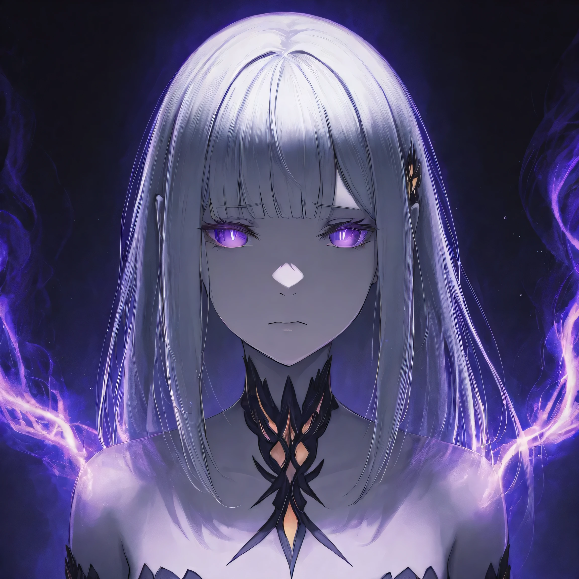 sad satella_rezero, silver hair, long ears, violet eyes, fantasy portrait, detailed facial features, elegant posture, mysterious expression, standing in a dark, ethereal landscape, glowing magical energy, moody lighting, cinematic composition, digital art, intricate details, vibrant colors, dramatic contrast, photorealistic, 8k, hyper-detailed, masterpiece