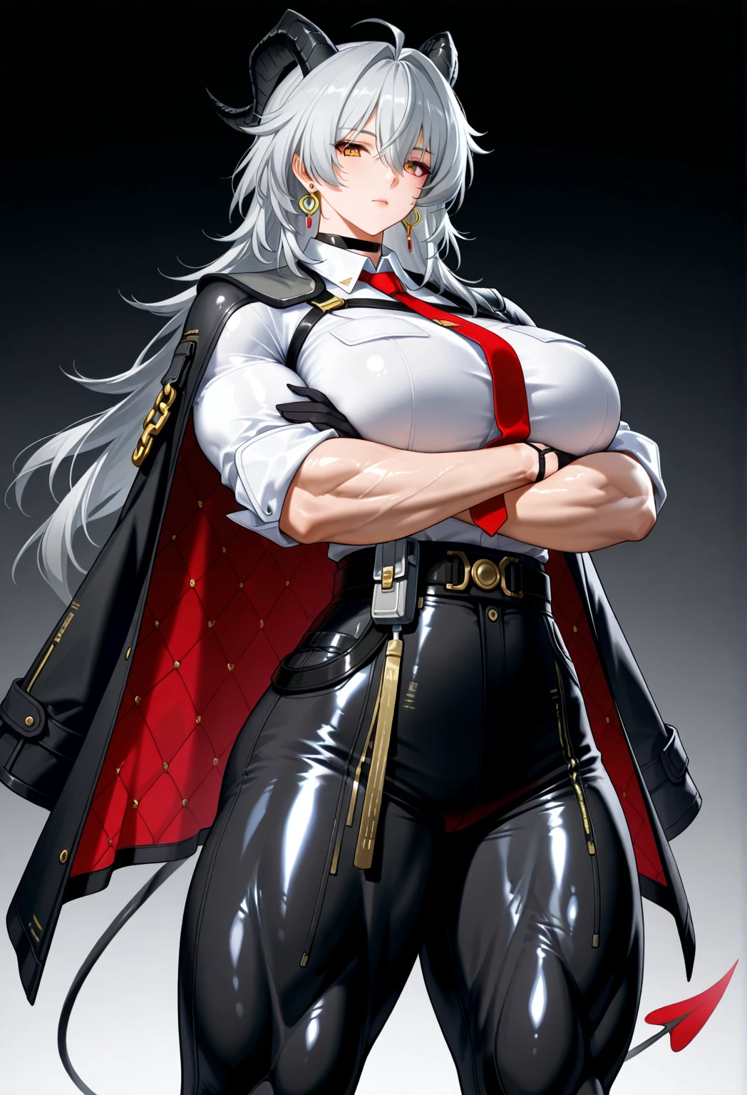 ((Mejor calidad)), ((obra maestra)), (detallado), cara perfecta, A beautiful woman with a slender and voluptuous body with prominent curves and a large, plump J-cup breast, ((strong abs :1.2)), around 23 to 26 years old, with white, profiled skin with crimson red eyes, long silver hair, ((dressed in a black t-shirt with gold details)), ((an open red jacket with black edges)), ((wearing slightly tight black pants with gold chains and long black leather boots with buckles made of pure gold)), ((on his head rested a black military cap with a crossed laurel in the center in gold and the helmet of a silver robot in the center over the laurels)), high school DxD anime art style