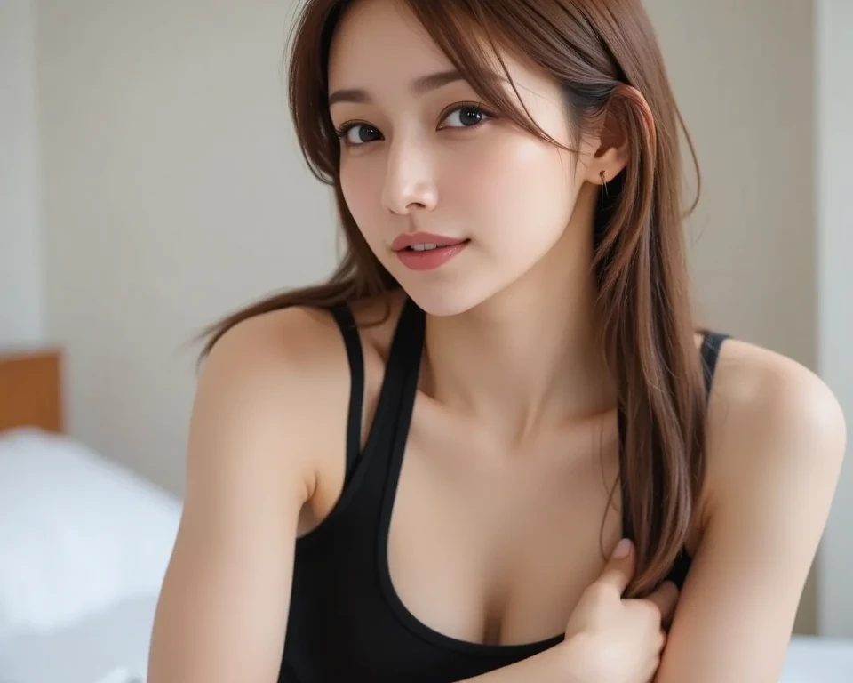 (Detailed skin), (Shiny skin), 8k, Highest quality, masterpiece, Ultra-high resolution, (Realistic:1.4), RAW Photos, (Soft saturation), (Fair skin:1.2), Japanese beauty, 19 years old, Light brown hair, medium hair), (Pretty face:1.4), ((Beautiful lighting:1.3)), (black dress), (Highly detailed face, Highly detailed lips, fine grain, double eyelid, Highly detailed and evenly balanced eyes), (Sharp focus:1.2), ((Full Body Shot)), (Perfect Anatomy:1.3), (Beautiful woman with perfect figure:1.2), ((Random sexy poses:1.2)), Bed room,