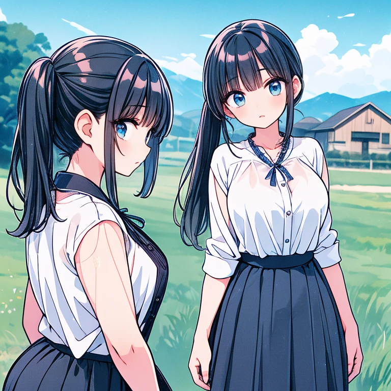 Full correct anatomy perfect hot body anime kawaii character, beautifully detailed eyes and lips, long eyelashes, soft and elegant expression. A young woman with a slender and graceful figure, wearing a perfect, sexy and elegant thicc body nice sexy appeal, large breasts and butt. Her face is delicate, with gentle features and a serene aura. (Best quality, 8k, High Resolution, Masterpiece: 1.2)best quality, ultra-detailed, photorealistic: 1.39) masterpiece, best quality, (long pleated skirt and strap blouse), (Average breasts, perfect waist breast), firm breasts, slim waist, curvy figure, sonia, black hair with voluminous pigtails,farm, house