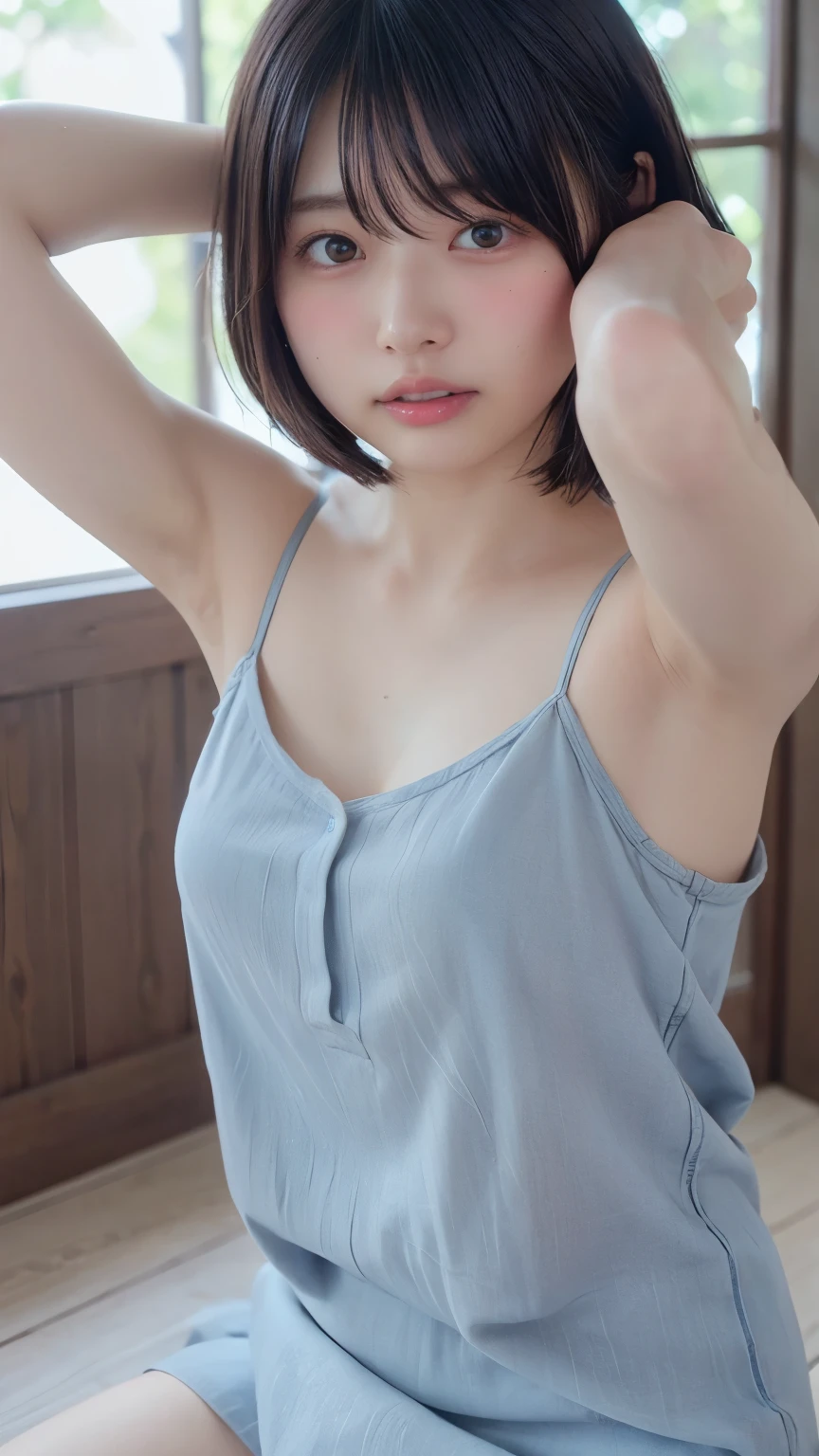 ( bob cut hair :1.2),( camisole:1.heer:1.4), 1 girl, Japanese ,21 years old,( small breasts:1.3),( top quality,masterpiece:1.3, super A high resolution,),( ultra detail , caustics ),( photorealistic:1.4,RAW shooting,) super realistic capture , very detailed, high resolution 16K close-up of human skin 。 Natural Skin Texture、,pores、 small 、 must be detailed enough to be easily identified。 skin must be uniform and healthy 。 Uses natural light and colors, shy expression , staring at the camera , perfect dynamic composition, flat chest、mole、((Under both armpits:1.2))、blush、sweat、発sweat、流れるsweat、 sit on the floor、 headdress、 wet、