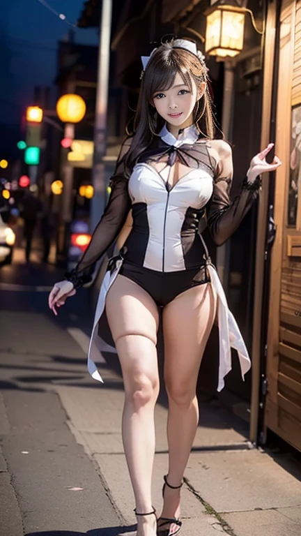 short hair, (masterpiece、highest quality、Official Art), Beautiful face and dark eyes, Look down, Looking at the audience:1.5, Big smile, Wet Hair, Small Top, White jacket, (Black bondage suit:1.2), Black collar, Black choker, Glowing Skin, Standing with your legs apart, Shove your hands into your pockets, Number of fingers 5, Spread your legs wide, Realistic:1.9, Very detailed, Full Body Shot:1.2, Super Heroine, High-resolution RAW color photos, High Detail, Ultimately realistic details, Ultimately realistic texture, Ultimate in exquisite detail, Professional photos, Sexy portrait of a girl, Voluptuous bust, Narrow waist, Cleavage, Trained abdominal muscles, Big Ass, Complete the whole body, Full body image, No underwear, highest quality, ((background:In town:1.4)), Suzune, Suzune's clothes
