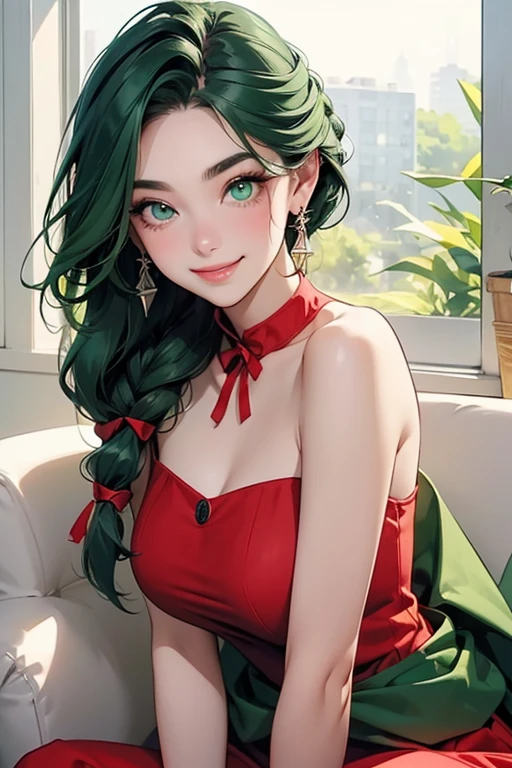 (best quality, masterpiece), tina branford, green hair, red dress,intricate details, legwear <lora:tina-nvwls-v1:0.8>outside, natural light, earrings, red dress, detached sleeves, hair ribbon, print legwear, red boots, cute face, innocen eyes