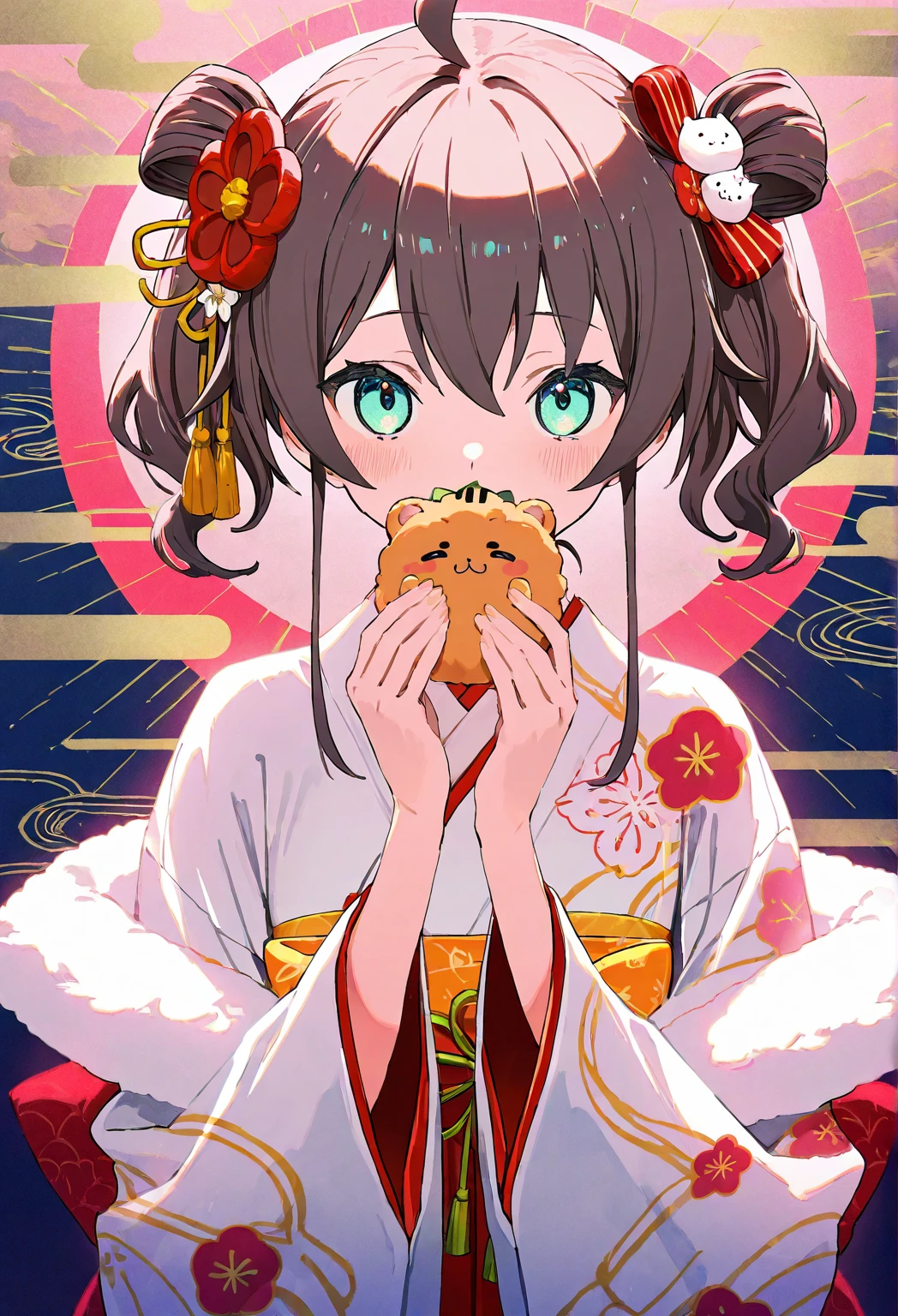 best quality, masterpiece, highres, solo, {yukata:1.40}, {kimono:1.20}, {mutsuki_azurlane:1.15}, animal_ears, cat_ears, brown_hair, open_mouth, green_eyes, twintails, hat, short_twintails, short_hair, ribbon, blush, school_hat, yellow_headwear, low_twintails, animal_ear_fluff, smile, fang, tail, bangs, cat_tail, candy, food, bow, cat_girl, ears_through_headwear