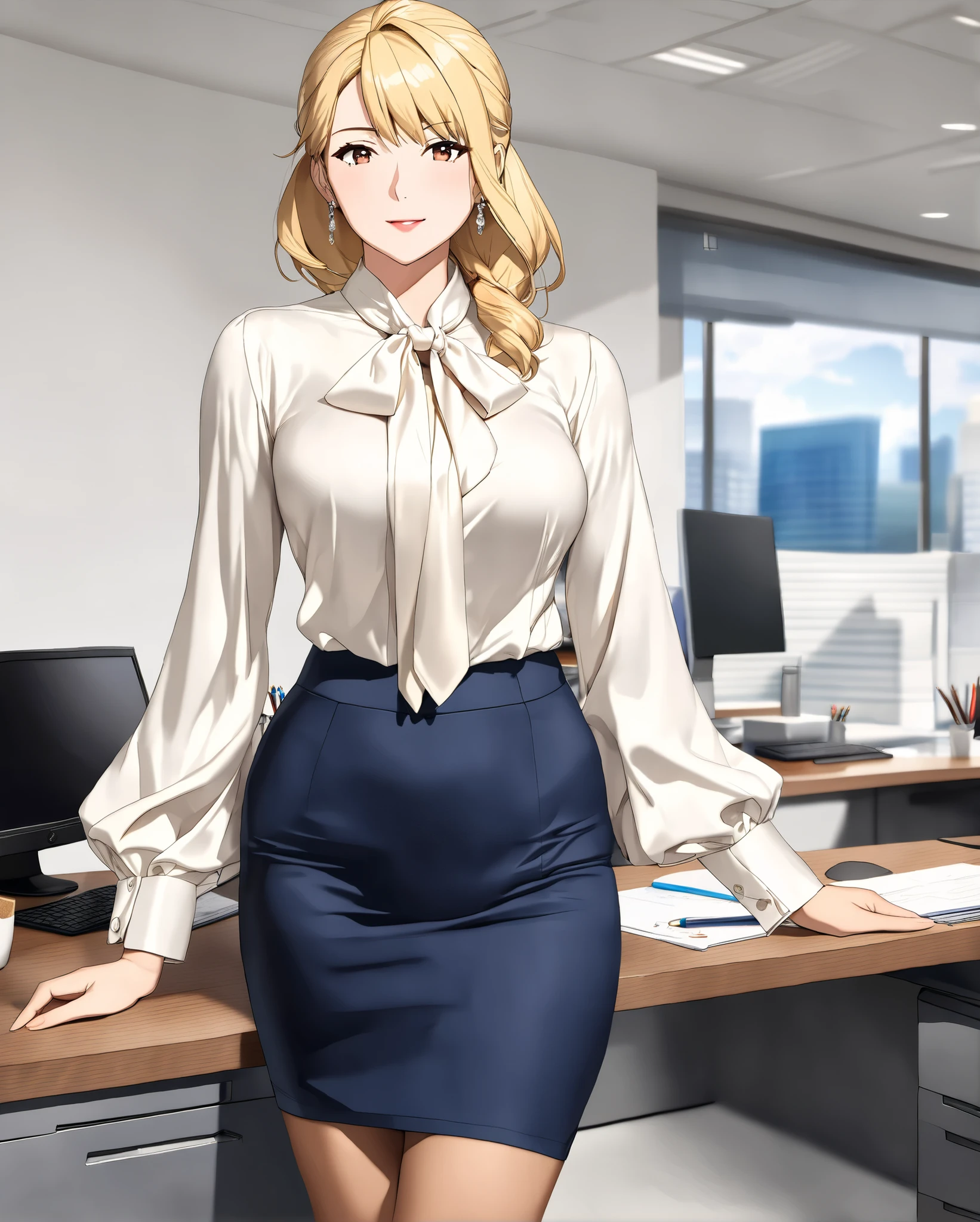bow blouse, Source_anime, anime art, anime style, very aesthetic, (((full body))), (((lancer of the Artoria Pendragon))), Masterpiece, very aesthetic, vibrant, standing, Realistic body structure, A body with perfect style, (((shiny classical and office style creamy white tie-neck blouse))), (((creamy white office style classical tie neck))), realistic office lady, long sleeves blouse with a regular cuffs, regular sleeves, A realistic blouse, realistic tie-neck, fine details, a couple tie neck, A tie-neck in the same color as the blouse, off white bow tie, attractive anime girl, Symmetrical ribbon, hyper-realistic office lady, smooth anime CG art, beautiful anime office lady, The bow tie is meticulously tied in a perfect, bow tie with large loops ribbon, the ribbons are slightly curled at the ends, The knot of the bow tie is meticulously detailed, showing the intricacies of its construction, Subtle shadows define the contours of the bow and the delicate folds of the ribbons, anime visual of a cute 35-old woman, navy blue mini tight skirt from H&M, the tight skirt non-glossy polyester, There is no color other than navy blue in the skirt, elegant mature woman, housewife, (((nsfw))), medium breasts, slim waist, portrait, newest, (((anime coloring)))