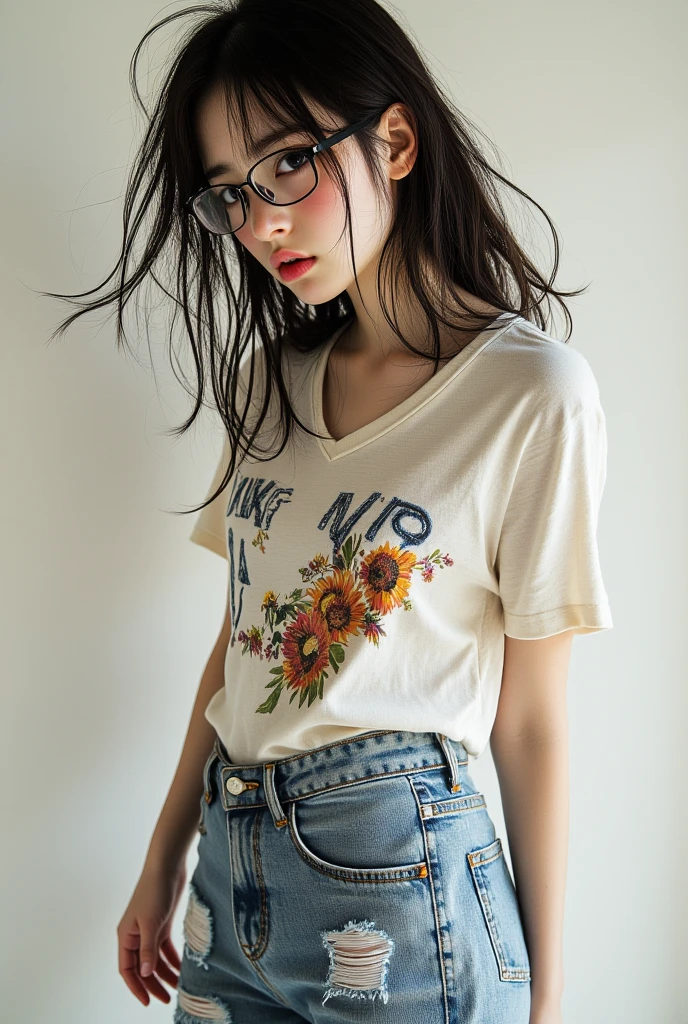 （(best quality、masterpiece、high sensitivity、high resolution、detailed depiction、depicting a delicate face、Ｆvalue：6.0),((Slender Woman、wearing glasses)),printed shirt、Damaged Jeans、Haru Ichiban、Hair gets messy、My hat was blown off、