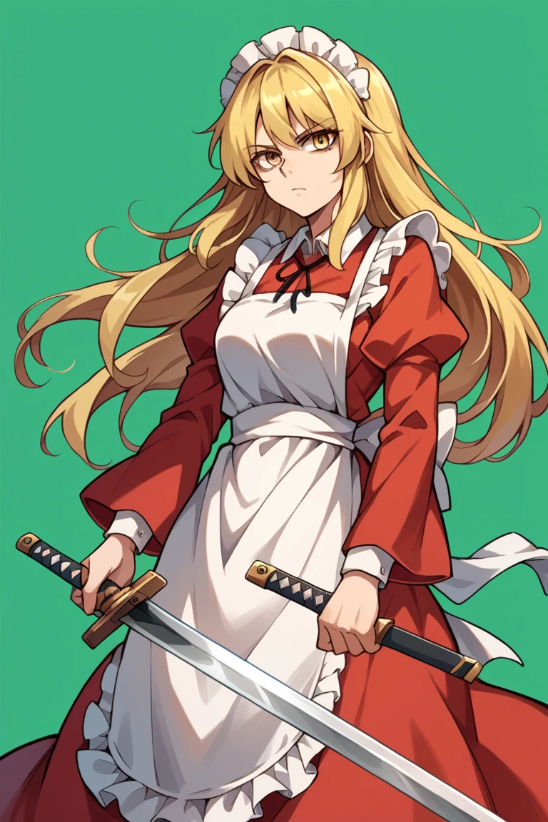 score_9, score_8_up, score_7_up, score_6_up, source_anime, solo, full-body shot, Green background, serious, yumeko (touhou), blonde hair, yellow eye, red dress, apron, long hair, sword, weapon, maid, maid headdress, holding