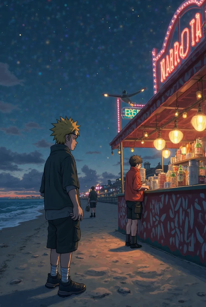 Naruto, in his Sage Mode, is behind a DJ booth set up on a lively beach, mixing tracks with his signature enthusiasm. The booth is decorated with symbols of Konoha, and Naruto’s energy is electrifying as he grins widely, his whisker marks glowing slightly under the moonlight. Surrounding him, beautiful women are dancing joyfully on the sand, their movements matching the upbeat, tropical music. The party setting combines modern beach party vibes with traditional Japanese elements, with tiki torches, glowing lanterns, and palm trees swaying in the background. The ocean waves crash gently in the distance under a starlit sky, adding a magical touch to the festive atmosphere.