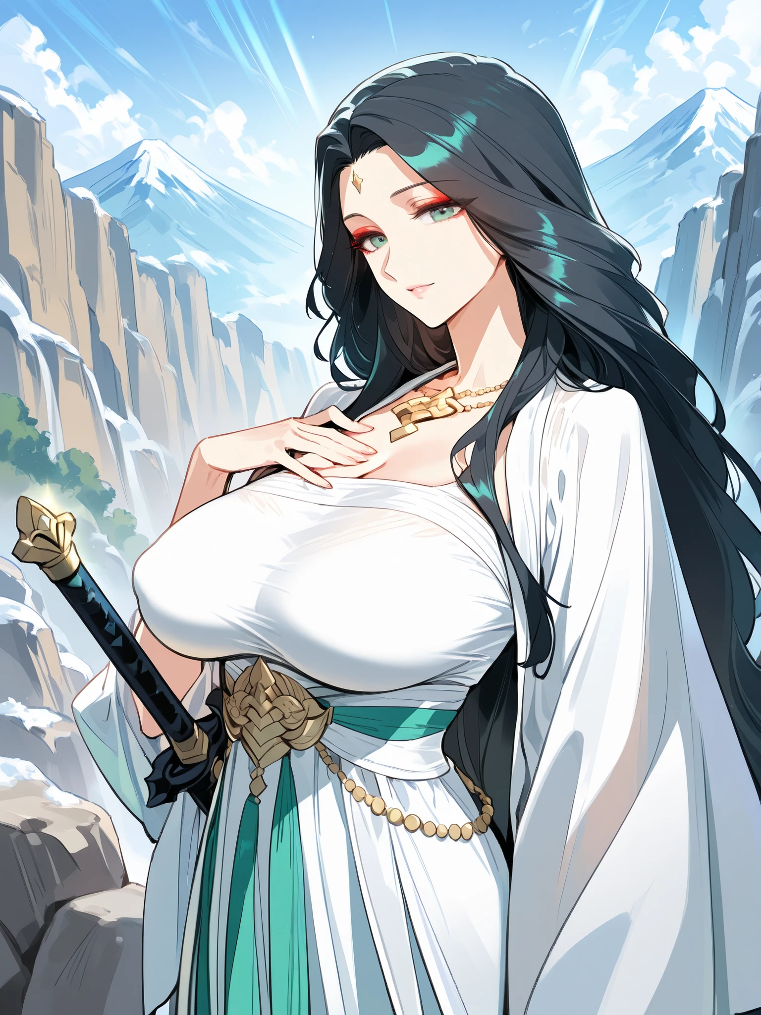 (Clean background),game cg,Portrait of People,(8k, best quality, masterpiece:1.2),\(Eye details\),\(Facial features details\),(\(Service Details\)\),(1 girl:1.3),solo,single person,character shadow gradation,perspective,excellent anthropology,excellent anatomy,long hair,(/shiny black hair/),green eyes,/( light red eyeshadow )/,milf,mature woman,(White Hanfu:1.2),Light cyan lining, place your left hand on your chest ,(Holding a long sword in his right hand:1.2),large breasts,sagging breasts,slim waist,Heavily wrapped Hanfu,Clothes that accentuate the figure.background: The towering peaks pierce the sea of clouds, Like an inky black sword pointing straight to the sky。 The white clouds are rolling under his feet, Sometimes it looks like a raging wave hitting the mountain wall, Sometimes it looks like a white silk thread wrapped around the waist of the peak, Standing alone on a solitary rock at the top of a thousand feet, The twisted branches of the thousand-year-old pine behind him are condensed with ice crystals, Reflecting colorful rays of light under the morning sun。