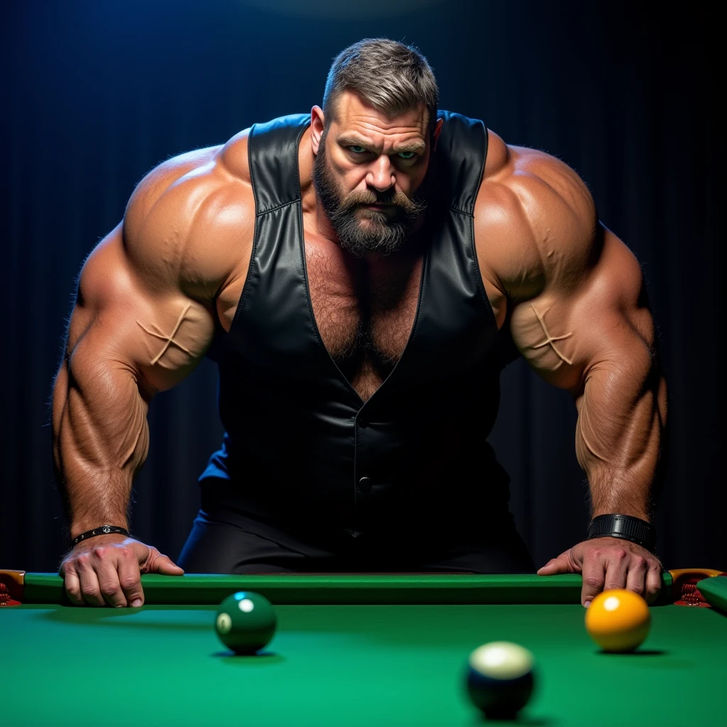 produce an image of a strong man crushing a number 8 snooker ball