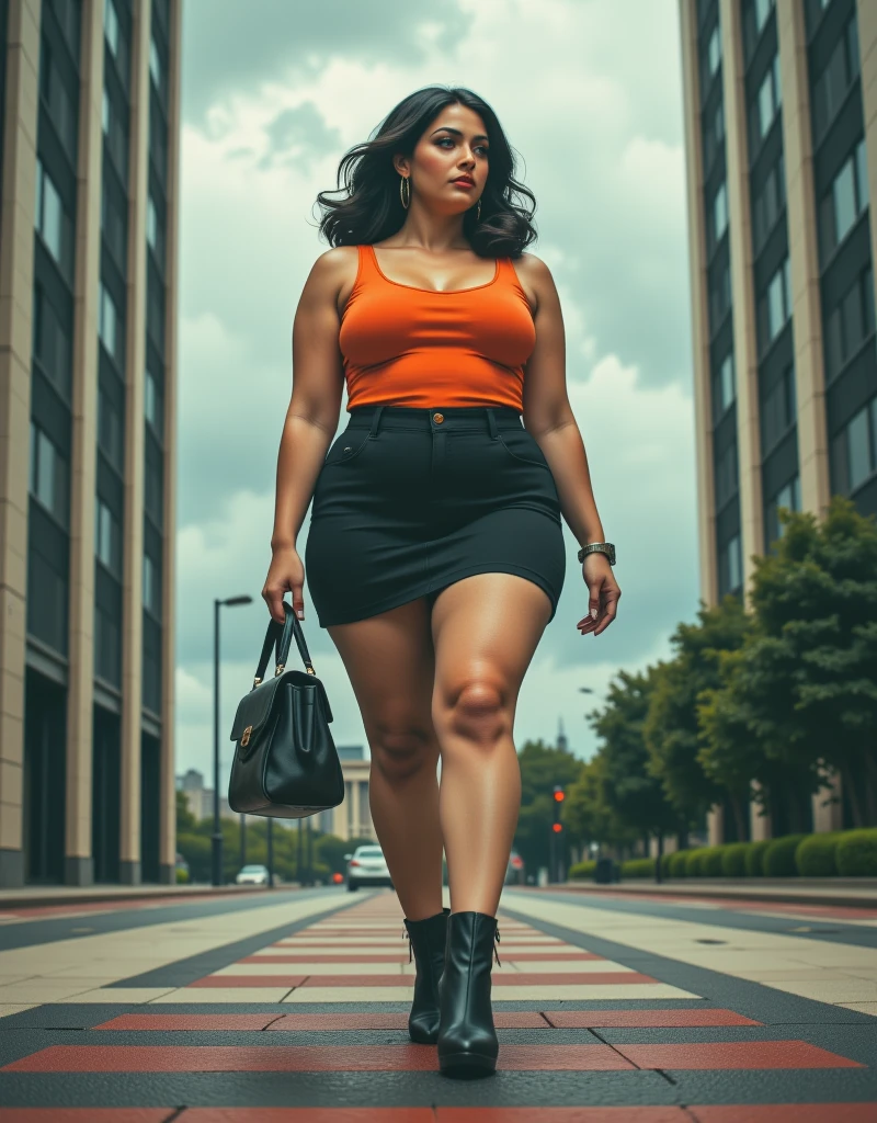 a fat woman, bauhaus style tank top, tiny skirt, bauhaus handbag, boots, going to office, detailed portrait, realistic, photorealistic, 8K, high resolution, ultra-detailed, professional, vivid colors, hdr,office building, cityscape, cloudy sky,bauhaus architecture,art deco,vintage,abstract,avant-garde,high fashion,editorial