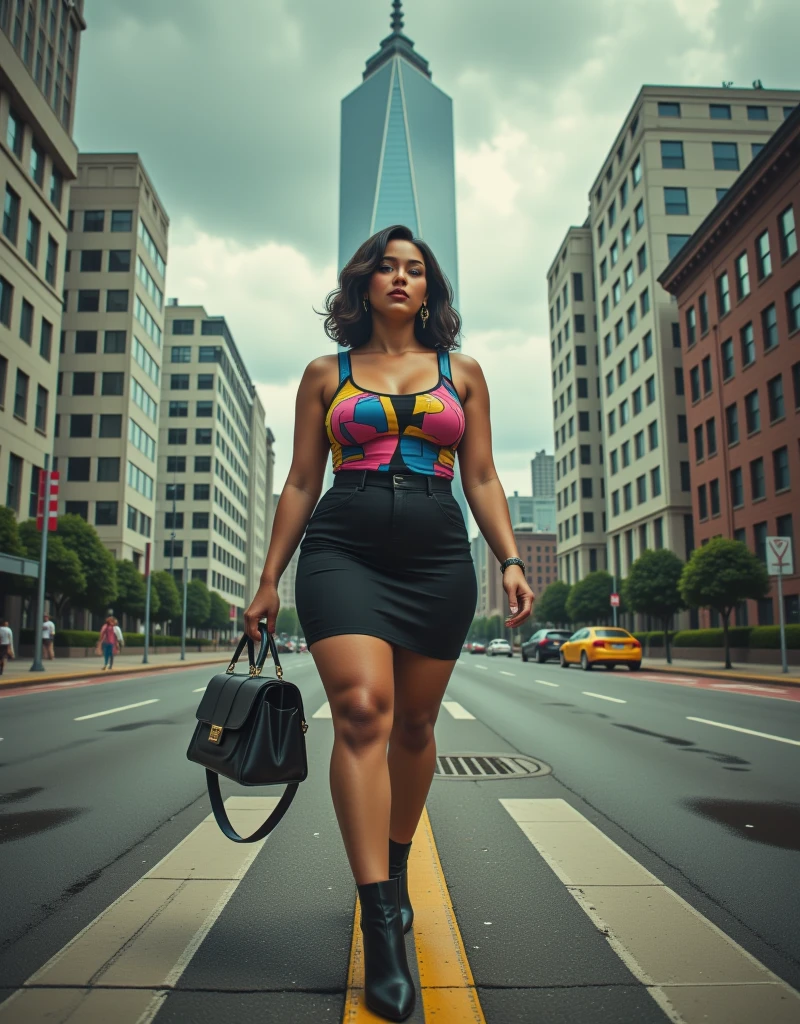 a fat woman, bauhaus style tank top, tiny skirt, bauhaus handbag, boots, going to office, detailed portrait, realistic, photorealistic, 8K, high resolution, ultra-detailed, professional, vivid colors, hdr,office building, cityscape, cloudy sky,bauhaus architecture,art deco,vintage,abstract,avant-garde,high fashion,editorial