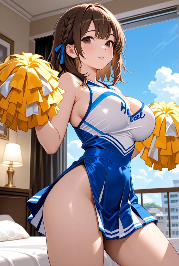 (masterpiece), best quality, (16k), expressive eyes, perfect face, lady, BREAK, nsfw, 1 girl, solo, large breast, navel, BREAK, (((torn blue cheerleading costume clothes))), BREAK, (((wet blue cheerleading mini skirt))), BREAK, bare arms, bare legs,  sweat body, wet skin, wet body, wet hair, BREAK, brown hair, bangs, straight hair, black eyes, sad, open mouth, BREAK, (cowboy shot), (from front), (breast milk drop:1.5), Shivering, walking. hip dancing, BREAK, outdoor, in the school yard, summer sky, arms behind back, (orgasm:1.2), 