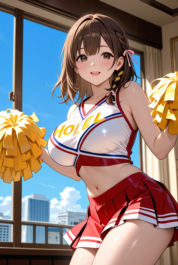 NSFW, sexy, erotic, a cheerful cheerleader standing on one leg, energetically cheering for the Japanese team during the opening ceremony of the Olympic Games. She holds two large golden spheres in her hands, and her outfit features extensive gold accents to symbolize aiming for the gold medal. The cheerleader's outfit includes a pleated skirt and a top with vibrant colors, adorned with a Japanese flag emblem on her chest. Her hair is styled in a playful ponytail. She strikes a lively pose with one leg lifted high, exuding joy and enthusiasm. The background shows a grand stadium filled with an audience, festive lights, and the celebratory atmosphere of the Olympic opening ceremony. The image is highly detailed and realistic with a vibrant anime touch, emphasizing the character's spirited and jubilant expression. The resolution and quality are maximized, with rich, delicate detailing. --sharp focus, --dramatic lighting, --realistic anatomy, --high_quality, --ultra_detail, --intricate_design, --extremely_detailed, -- hyper_realistic, --realistic, --sexy, --erotic --Olympic, --japan