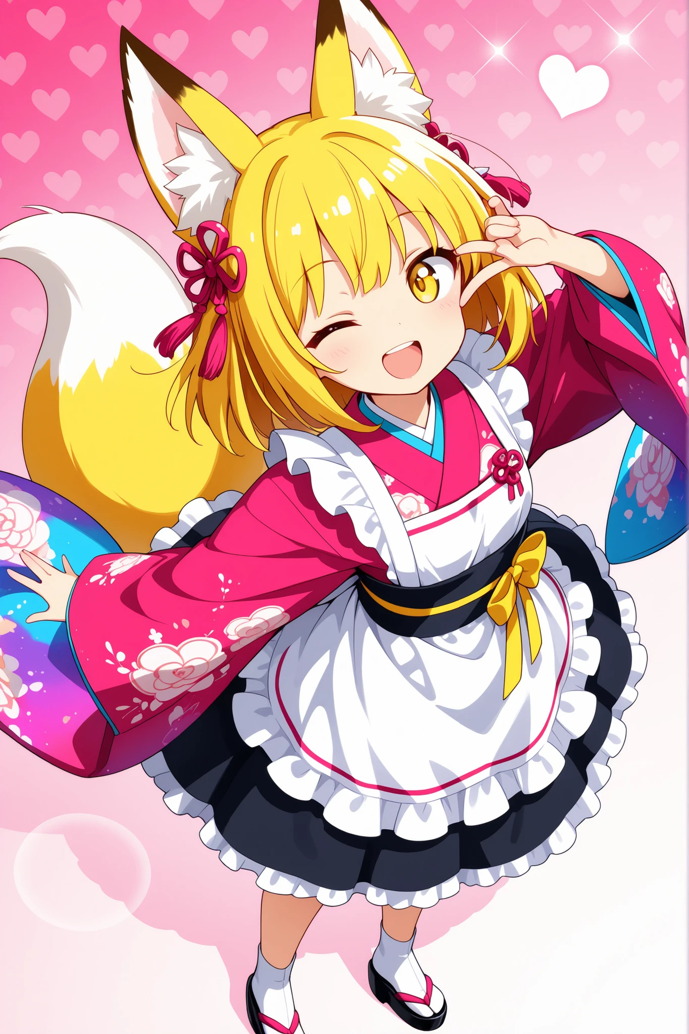 (masterpiece, best quality), (colorful),one girl, fox ears,fox tail,long yellow hair,yellow eyes, one eye closed,best smile,and open the mouth,Japanese kimono,maid,heart background , super precise illustration, High Detail , dynamic angle, beautiful detailed, 8k, (high resolution), Anime Style,cute, clean and clean ,lens flare on the back,(viewers),dynamic angle,standing,full body,