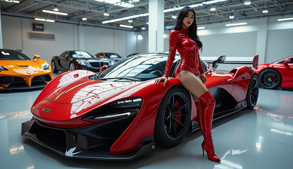 a woman wearing a long open red coat, wearing a black bikini, big breast, sunglasses on her head, smiling, long black stockings, long black hair, red eyes, full body, in a traditional racetrack next to a red racing car, holding a racing flag, perfect racing car with no bad detail, car next to the woman, night location, with lighting in place,(woman solo), HDR, ultra resolution, sharp, masterpiece, 8K HD