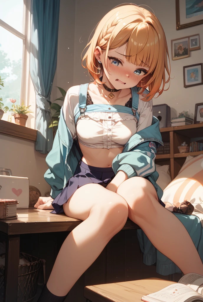 expensiveest quality、One Girl，Full body portrait、、big 、big 、Perfect Five Fingers、Perfect Legs、perfect legahiru Shiina、Perfect、Detailed Description、The finer details、Detailed face、mini skirt、Checked skirt、Long Hair、blonde、White panties、White Panties、I can see your pants、、expensive 、Skirt flip、Lift up your skirt、bed、M-shaped feet、Summer clothes、White shirt、Checked skirt、shirt sleeves、White socks