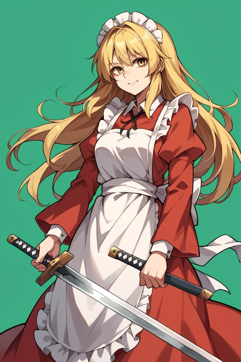 score_9, score_8_up, score_7_up, score_6_up, source_anime, solo, full-body shot, Green background, smile, yumeko (touhou), blonde hair, yellow eye, red dress, apron, long hair, sword, weapon, maid, maid headdress, holding