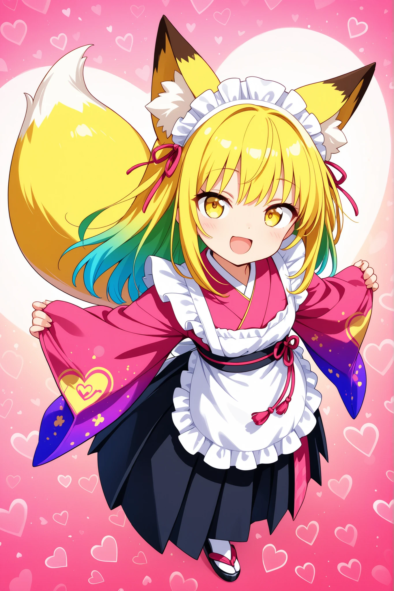 (masterpiece, best quality), (colorful),one girl, fox ears,fox tail,long yellow hair,yellow eyes, best smile,and open the mouth,Japanese kimono,maid,heart background , super precise illustration, High Detail , dynamic angle, beautiful detailed, 8k, (high resolution), Anime Style,cute, clean and clean ,lens flare on the back,(viewers),dynamic angle,standing,full body,