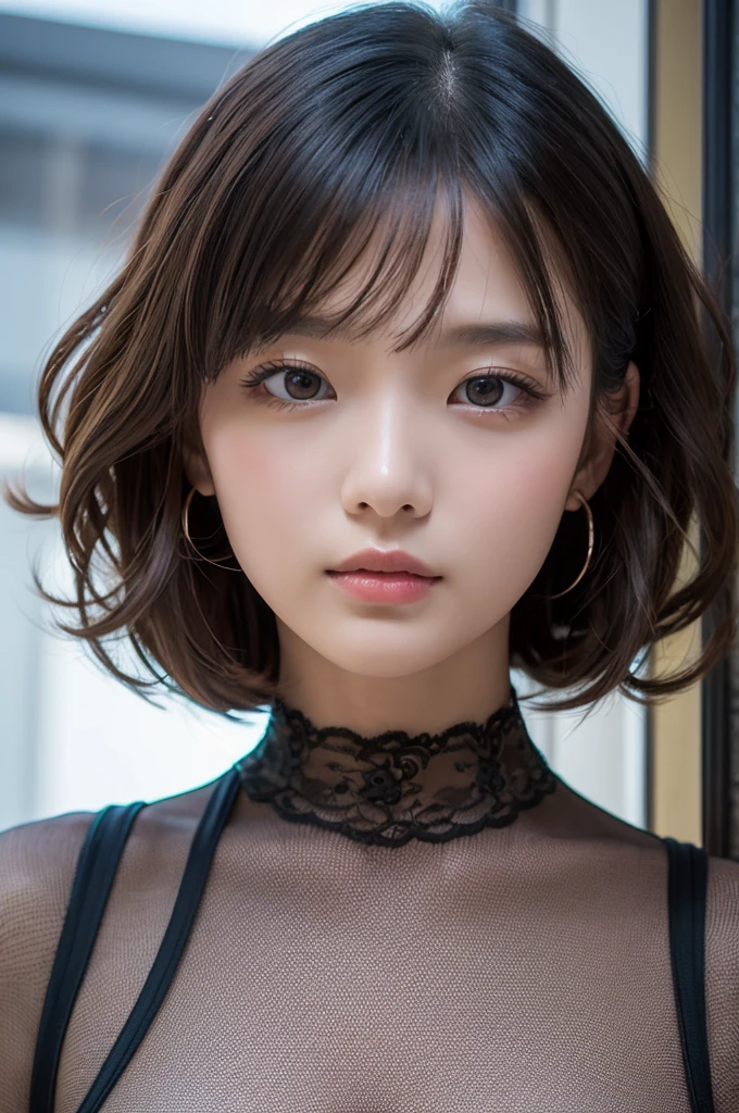 (8k, RAW Photo, Best Quality, Masterpiece:1.2), Ultra Detail, Super Resolution, (Realistic, Realistic Photo:1.37), Portrait, High Detail RAW Color Photo, Professional Photo, Extremely Detailed and Beautiful, Extremely detailed, 8k wallpaper, amazing and detailed, huge file size, official art, highly detailed CG unity 8k wallpaper, highly detailed beautiful girl, highly detailed face, highly detailed eyes, highly detailed skin, highly detailed fingers, highly detailed nose, very detailed detailed mouth , perfect anatomy, highly detailed background, highly detailed clothes, 1girl, (20:1.2), 20s, cute girl, realistic body, petite, fair skin, glowing skin , slim body, handsome body, black hair , short hair, (blunt bangs:1.2), smile, cute, youthful, cute face, realistic face, delicate eyes, drooping eyes, lingerie, see-through, earrings, looking at viewer, cowboy shot, facing front, standing posture, Contraposto, dynamic lighting, very large breasts, cowboy shot