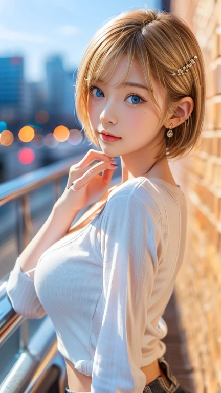Non-NSFW、Realistic、highest quality、highest quality、masterpiece、Ultra-high resolution、RAW Photos、Realistic、Bright lighting、Face Light、Smooth Professional Lighting、Looking into the camera、alone、Adult female、Beautiful woman、Super Beauty、realistic skin、Moisturized Skin、Realistic eyes and faces、Perfect model body shape、Beautiful Eyes、(Big eyes)、Inconspicuous tear bags、slim、Medium sized big breasts、No bra、Beautiful fingers、Very short hair、Blonde、blue eyes、Looks happy、(smile:1.1)、(Both ears are hidden by hair)、(saint's pure white dress)、Fantasy World、Medieval Europe、saint、(((Holy Priestess)))、Inside the temple, Small Ass, (Large Breasts:1.3),(Venus' Nipples:1.8), A konigsreuter, (white Priest's robe:1.6),(standing leaning forward:1.2),(from above:1.5)