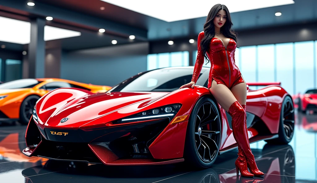 a beautiful girl in a tight dress posing next to a superdeportive car, hyper realistic, 8k, cinematic lighting, detailed facial features, photorealistic, volumetric lighting, dramatic shadows, highly detailed, intricate details, stunning, exquisite, flawless skin, elegant pose, impeccable fashion, glossy car paint, smooth metallic reflections, depth of field, cinematic framing