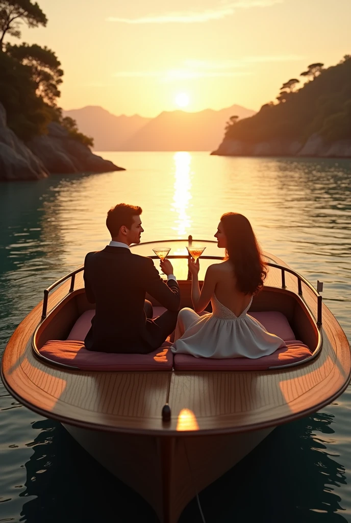 Imagine a romantic scene set against the backdrop of a luxurious golden boat sailing through a tranquil Asian landscape. Write a dialogue between two lovers as they share intimate moments of connection, their bond strengthened by the beauty of their surroundings and the promise of endless horizons.