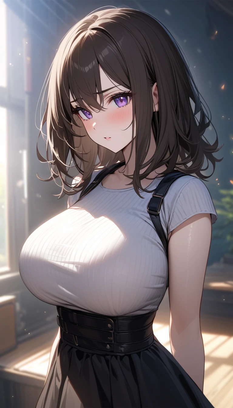 1Girl, short messy hair, (shaved sides), tank top (detached sleeves), looking at viewer, upper body, Big Breasts, Bra, Bra strap loose, Sweat