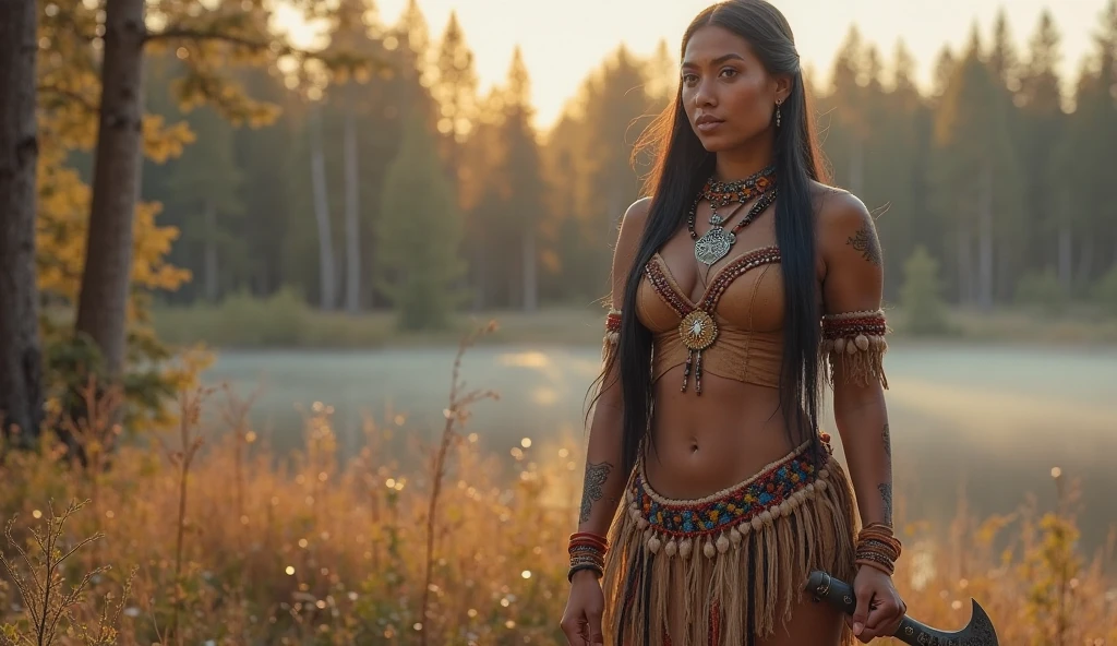 High quality, photorealism, 8k cinematic, pocahontas, real person, beautiful native American teen, body, ((show full body in frame)) wide shot, dressed in native American clothing
