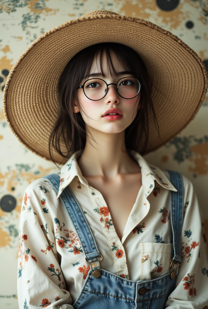 （(best quality、masterpiece、high sensitivity、high resolution、detailed depiction、depicting a delicate face、Ｆvalue：6.0),((Slender Woman、wearing glasses)),printed shirt、denim skirt、My hat was blown away by the wind、Straw Hat、（Radiation map）、 shutter speed ,Slow、