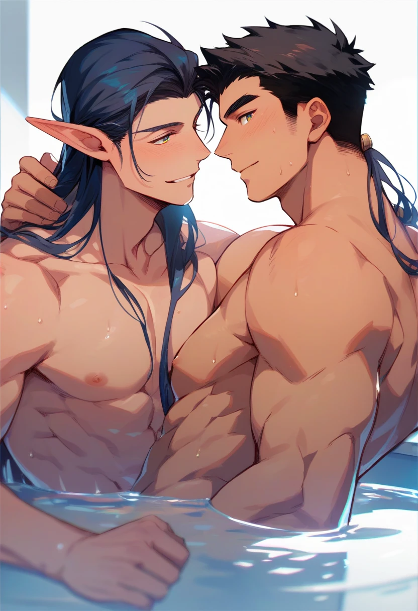 The boy was small, black hair, yellow eyes, completely naked. Revealing male genitals, el ears, sexy figure, white skin, straight face, straight body, prisoner background.