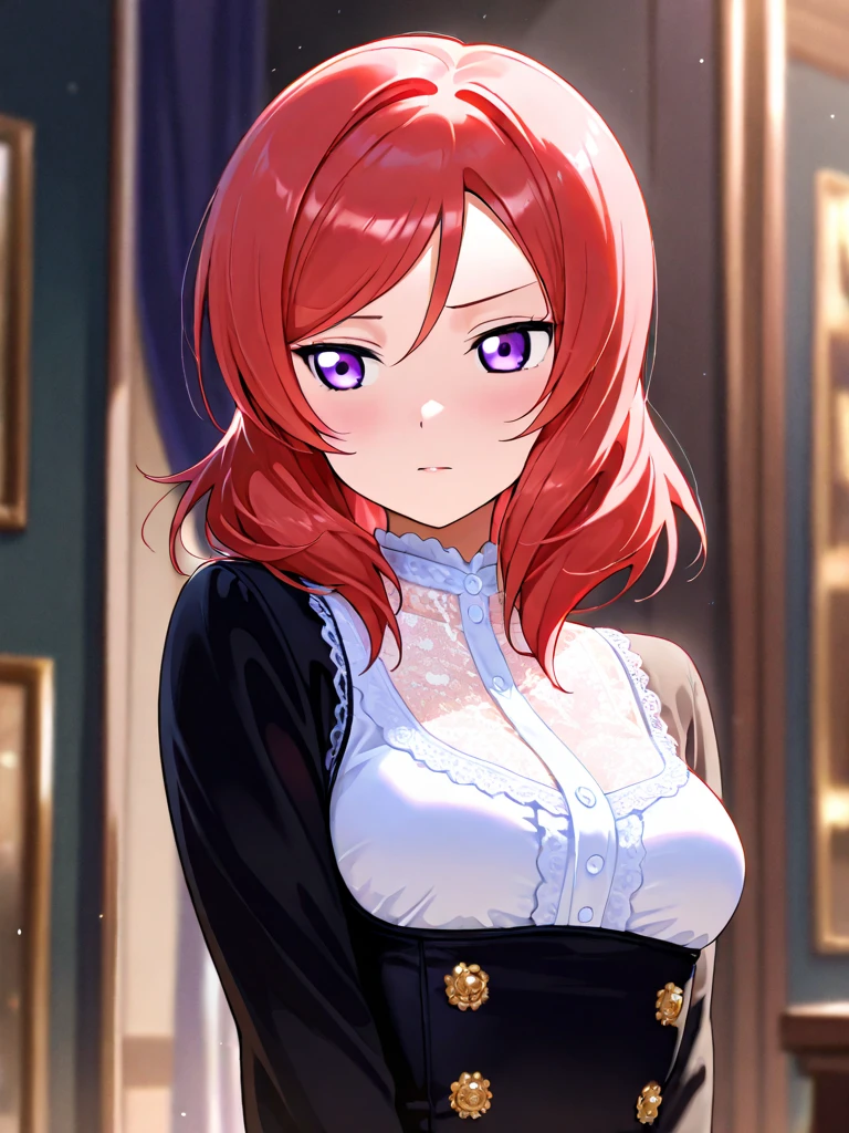 (Masterpiece, Best Quality, High Quality:1.4), professional artwork, Intricate Details, field of view, sharp focus, detailed painting, photorealistic lighting, trending on pixiv, (vivid lighting, vibrant colors:1.05), realistic shadows, ambient occlusion,
Marie Mamiya, mature female, milf, solo, (curvy:1.1), luxury room, (half body shot:1.1),
(red hair:1.05), hair ornament, lipstick, makeup, (mole under eye:0.9), choker, ultra detail hair, ultra detail face, (yellow eyes:1.05), perfect eyes, perfect face, earrings, (seductive look, blush:1.15),
(main dress:1.4), choker, bare shoulders, necklace, fingernails,
(Large Breasts:1.15), Cleavage,