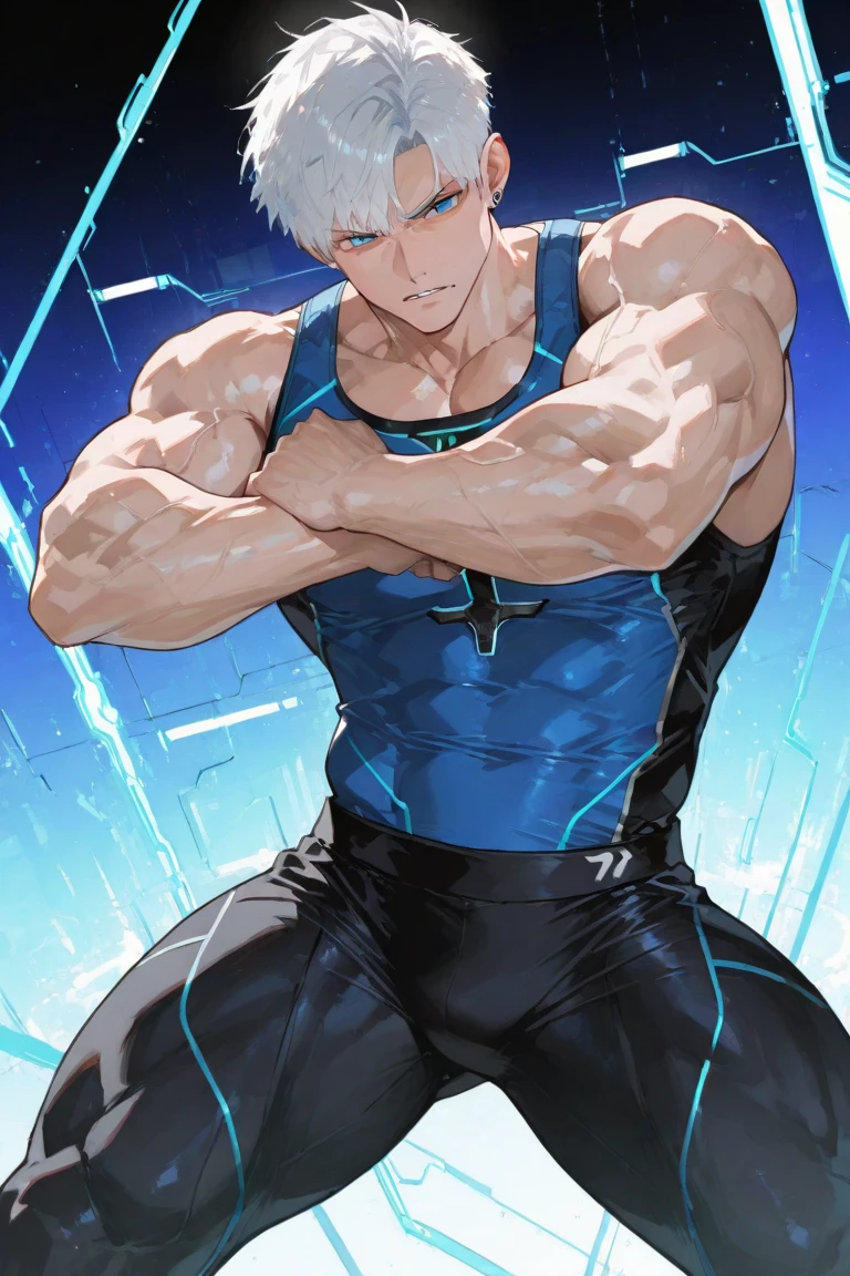 A muscular man wearing a sky blue and white outfit，Cool hairstyle