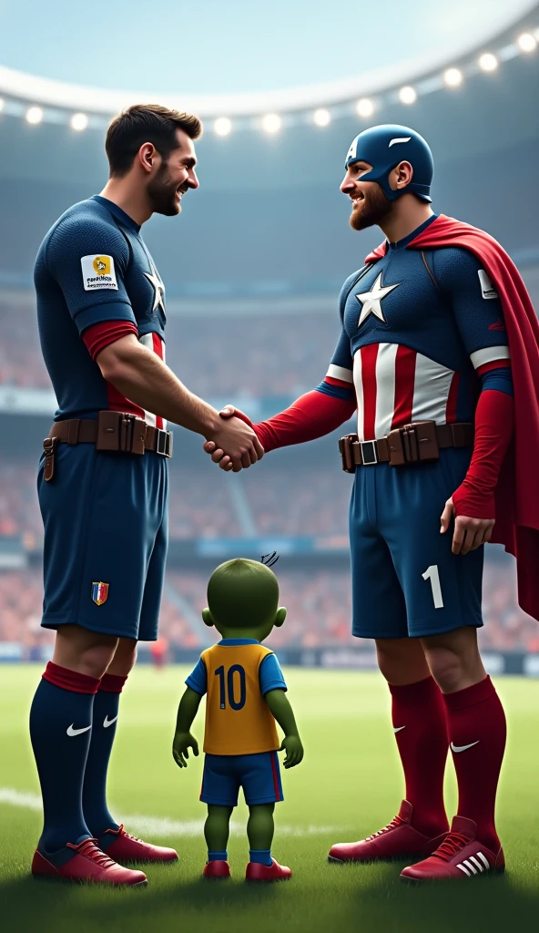 Make the Joker in the Atletico de Madrid stadium with the Atletico de Madrid shirt and have him with Winnie the Pooh and this Deadpool interviewing him