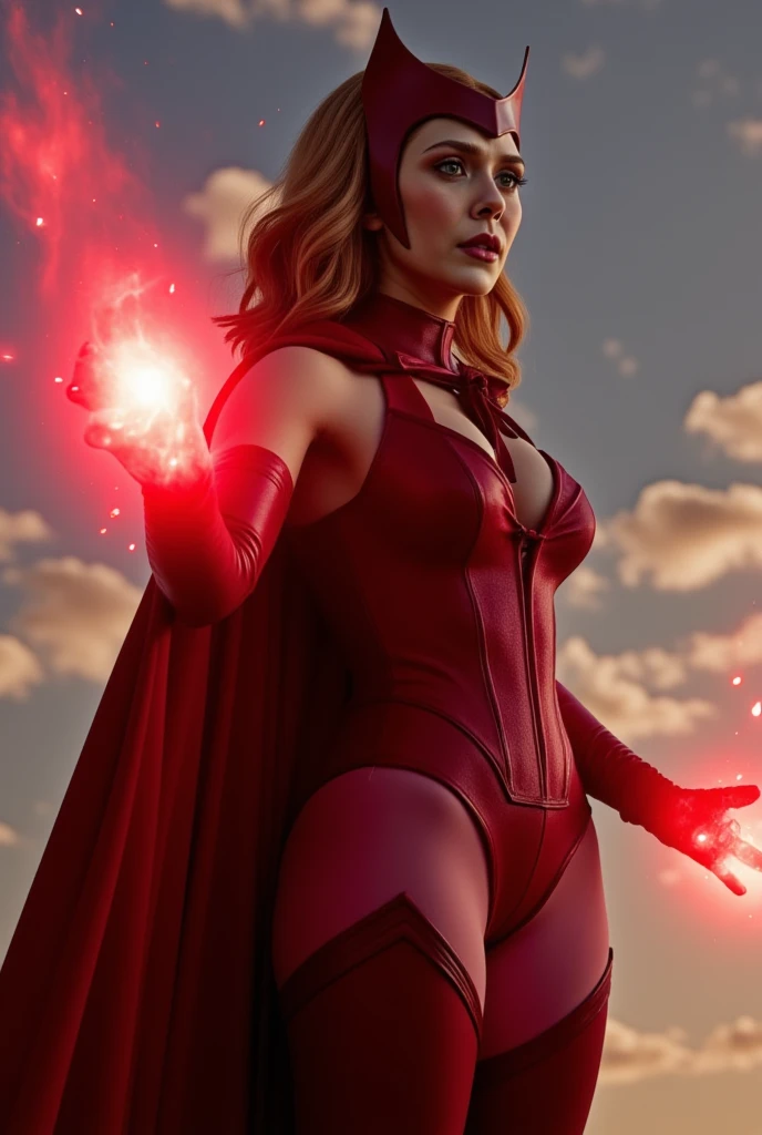 Scarlet Witch Played Elizabeth Moss, detailed eyes, scarlet witch costume, thick body, big Perky breast, big natural breast, thick hips, tight costumes, from Marvel Comics, fantasy setting, Dynamic poses, Marvel Universe Background, mysterious world background, Character concept, character art, Character portrait, tmasterpiece, beste-Qualit, best resolution, 8K